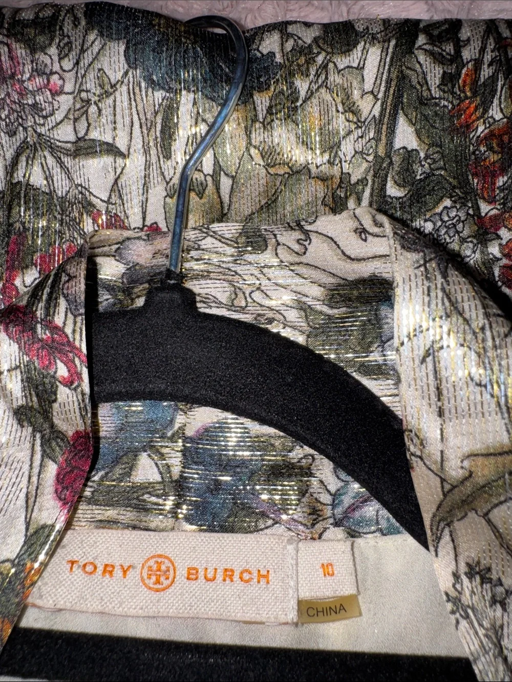 Tory Burch Vanessa silk dress featuring,metallic floral print & bow-tie neckline